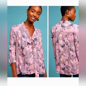 Anthropologie 52 Conversations Colloquial Fairy Castle Button Up Necktie Blouse